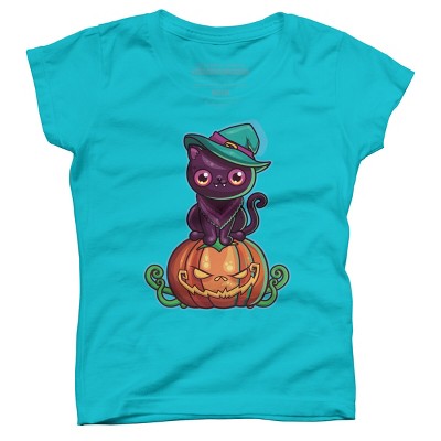 Girl's Design By Humans Ferociously Cute Halloween Vampire Witch Kitty Cat By LittleBunnySunshine T-Shirt