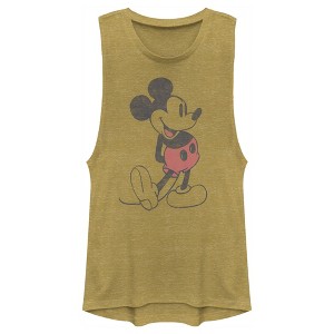 Juniors Womens Mickey & Friends Distressed Mickey Mouse Pose Festival Muscle Tee - 1 of 4