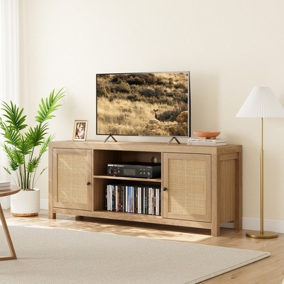 Rattan TV Stand for 75 inch, Boho Entertainment Center with Adjustable Shelves, Media Cabinet 2-Tier Storage for Living Room Bedroom