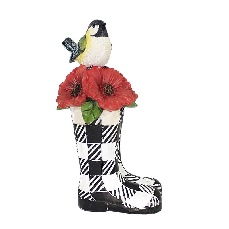 Home Decor Bird On Checkered Boot  -  One Figurine 7.0 Inches -  Figurineflowers Wellies  -   -  Polyresin  -  Black, 3 of 4