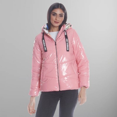 Members Only Women's Hi-Shine Chevron Quilt Puffer Jacket with Looney Tunes Mashup Print Lining