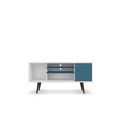 Liberty 53" White and Aqua Blue Mid-Century Modern TV Stand with Cabinet