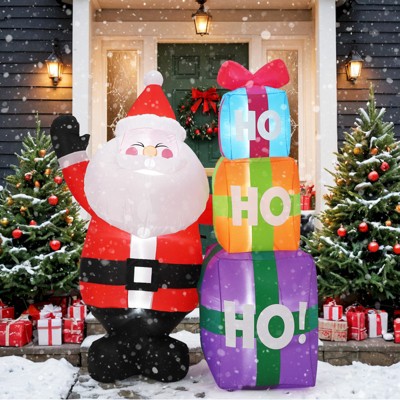 6FT Christmas Inflatable Outdoor Decorations, Cute Santa with Gift Box, Blow Up Xmas Yard Decoration for Holiday Home Party Garden Lawn Decor