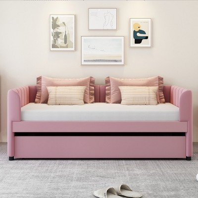 Twin Bed With Ergonomic Design Backrest And Trundle, Upholstered Bed Frame With A Twin Size Trundle, Grounded Bed Modern-Cuddlewood