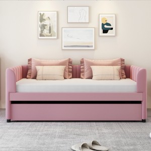 Twin Bed With Ergonomic Design Backrest And Trundle, Upholstered Bed Frame With A Twin Size Trundle, Grounded Bed Modern-Cuddlewood - 1 of 4