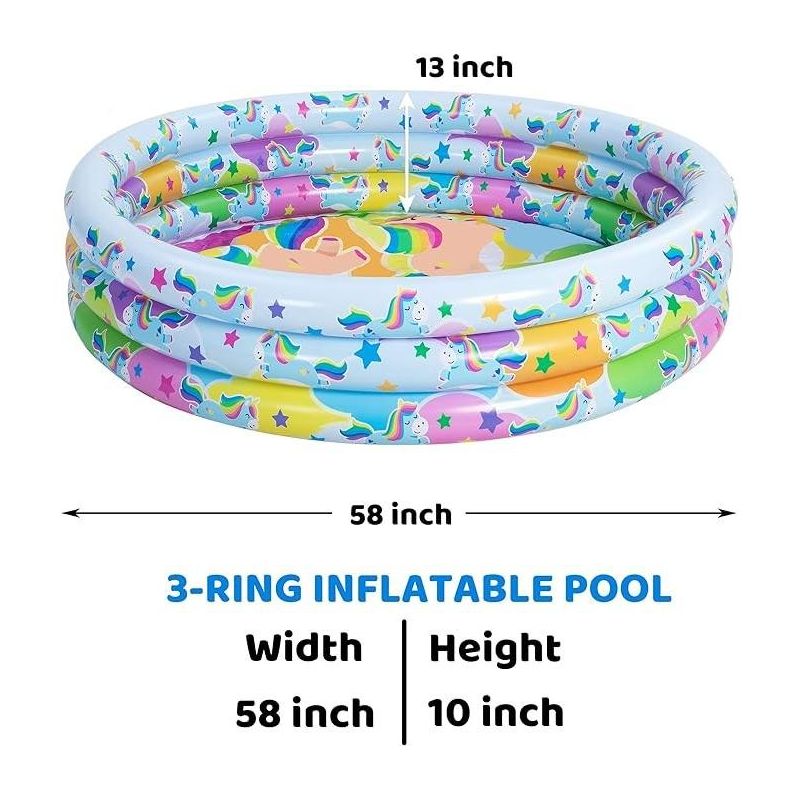58'' Unicorn Rainbow Inflatable Kiddie Pool, Family Swimming Pool 3 Ring Seasonal Merriment Water Pool Pit Ball Pool for Kids Toddler Outdoor, Indoor, 5 of 7