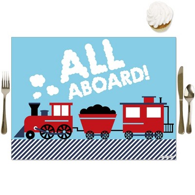 Big Dot of Happiness Railroad Party Crossing - Party Table Decorations - Steam Train Birthday Party or Baby Shower Placemats - Set of 16