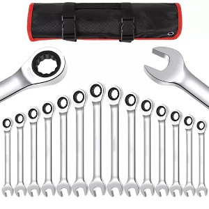 14-Piece Fixed Head Ratchet Wrenches Set, Metric 8-24mm, Fixed Head Ratcheting Combination Wrenches, Chrome Vanadium Steel with Storage Bag - 1 of 4
