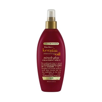 OGX Frizz-Free + Keratin Smoothing Oil Miracle Gloss Spray, 5 in 1, De-frizz Hair, Shiny Hair - 6.8 fl oz