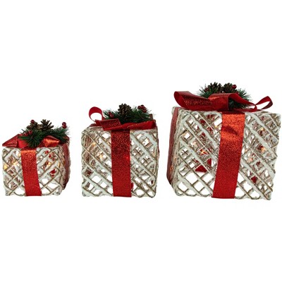 Set of Three Lighted White Glitter Christmas Gift Boxes