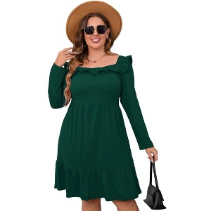 Women's Square Neck Long - Sleeve Dress with Ruffle Trim & Tie Detail, Flowy Midi Dress for Casual & Semi - Formal - 1 of 4