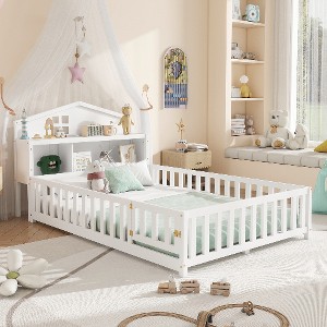 Lyngins Full Size Kids' Platform Bed Frame with Fence & Open/Close Small Door, Montessori Floor Bed Frame with Support Slats, Wooden Toddler Bed - 1 of 4