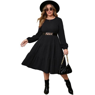 Women Plus Size Knit Sweater Dress Round Neck Long Sleeves Comfy Pullover Winter Midi Dress with Belt