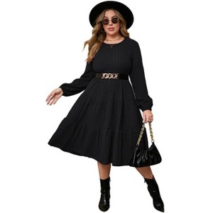 Women Plus Size Knit Sweater Dress Round Neck Long Sleeves Comfy Pullover Winter Midi Dress with Belt - 1 of 1