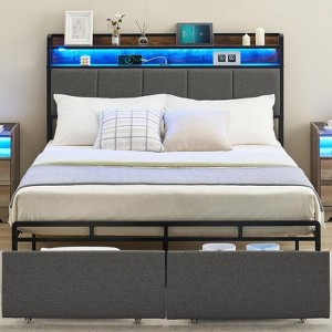 Bed Frame with Headboard and 2 Storage Drawers, Upholstered Platform Bed Frame with Chargin Station and LED Lights, Heavy Duty, No Box Spring Needed - 1 of 4