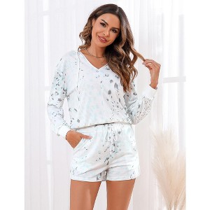 Women's Loungewear Printed Hooded Long Sleeve Sweatshirt Shorts Casual Homewear Set - 1 of 4