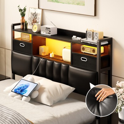 Aheaplus Upholstered Storage Headboard with Charge Station and RGB LED Light