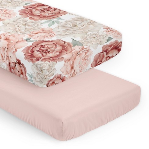 Sweet Jojo Designs Girl Fitted Crib Sheets Set Peony Floral Garden Pink Ivory and Green 2pc - image 1 of 4