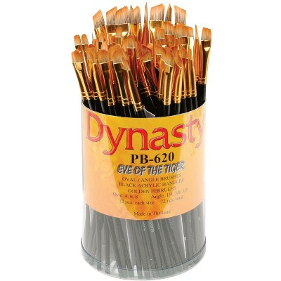 Dynasty PB-620 Eye of the Tiger Synthetic Hair Acrylic Handle Paint Brush Set, Assorted Size, Black, set of 72