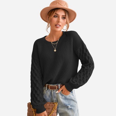 Women's Long Sleeve Honeycomb Knit Pullover Sweater - Cupshe-l-black ...