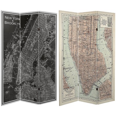 6" Double Sided Map of New York Canvas Room Divider Gray - Oriental Furniture: Folding Privacy Partition, No Assembly Required