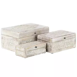Set of 3 Natural Mango Wood Whitewashed Carved Design Boxes with Lid - Olivia & May