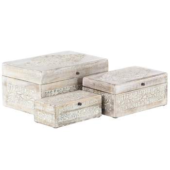 Set of 3 Natural Mango Wood Whitewashed Carved Design Boxes with Lid - Olivia & May