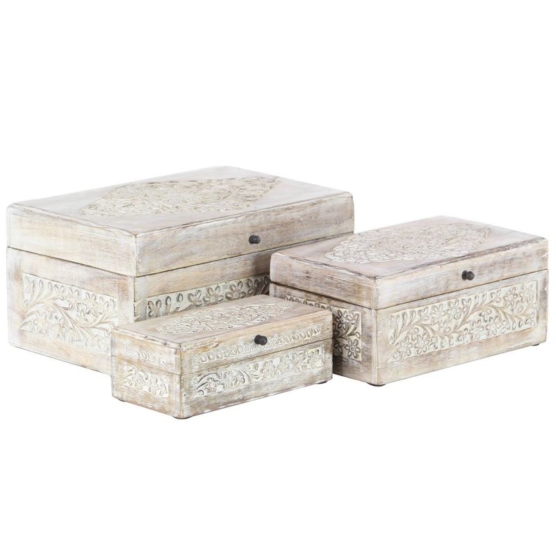 Set of 3 Natural Mango Wood Whitewashed Carved Design Boxes with Lid - Olivia &#38; May, 1 of 9