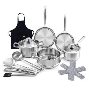 16-Piece Stainless Steel Cookware Set, Cookware with Glass Lids, Steamer, Utensil Sets, Pot Protectors & Apron, Oven & Dishwasher Safe - 1 of 4
