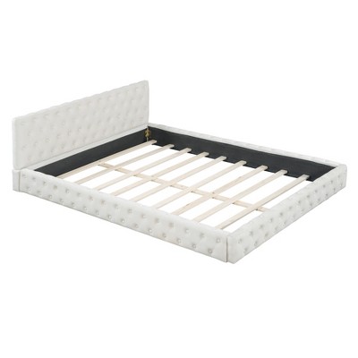 HomeRoots Beige Tufted Velvet Upholstered Queen Bed Frame
