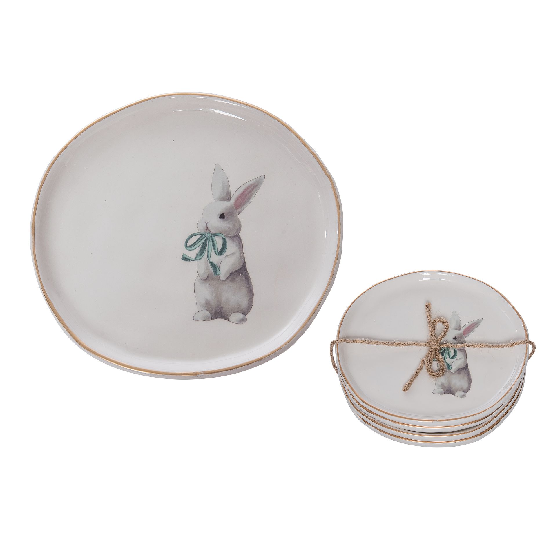 Transpac Ceramic Appetizer Plates Mint Bunny Set of 4 Tabletop Plate Multicolored for Easter Serving and Entertaining