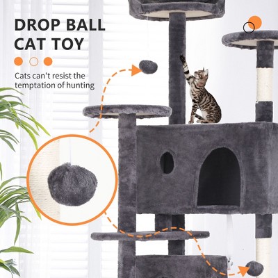 70-inch Light Gray Multi-Level Cat Tree Tower with Sisal Posts