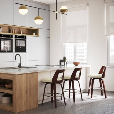 Cream Faux Leather and Walnut Wood Counter Stools, Set of 2