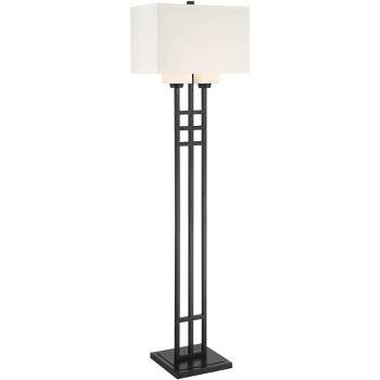 Franklin Iron Works Industrial Floor Lamp 64" Tall Matte Black 3-Light Rectangular Linen White Glass Shades for Living Room House