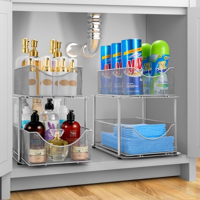 Sorbus 2 Pack 2 Tier Baskets with Mesh Sliding Drawers - Ideal Cabinet, Under the Sink, etc - Great for Bathroom, Kitchen, Office, etc. — фото 2