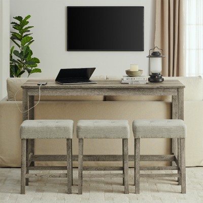 4 PCS Space-Saving Design Dining Set, Brown Wood Bar Table with Power Outlet and MDF Top, 3 Upholstered Stools with Linen Cushion-Coolbibila