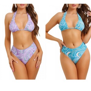 INSPIRE CHIC Women's Halter Lace Up Bra High Cut Triangle Thong Bottom Strappy Swimsuit 2 Sets - 1 of 4