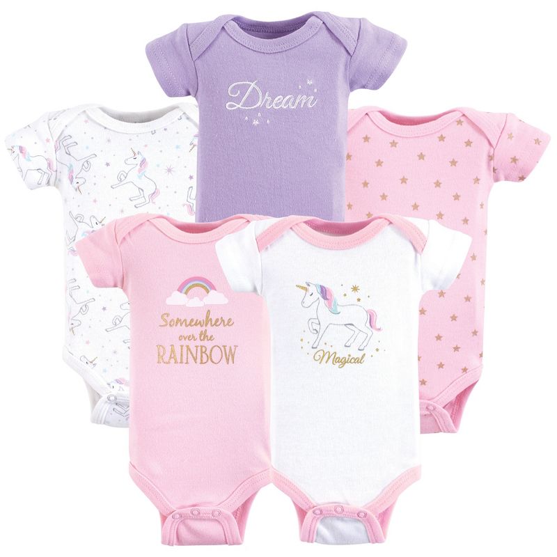 Hudson Baby Infant Girl Cotton Preemie Bodysuits 5pk, Magical Unicorn, Preemie, 1 of 3