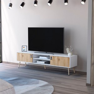 70.9" Manufactured Wood Spacious TV Stand Rack with 2 Hinged Drawers, Open Shelves, Elegant Dual-Tone Design, and Cable Management - 1 of 4