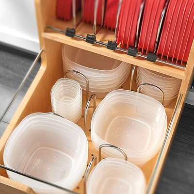 Natural Wood and Chrome Kitchen Cabinet Organizer with Soft-Close