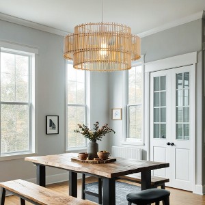 16" Boho Bamboo Pendant Light with Double-Layer Handwoven Shade and White Canopy, Hanging Lamp for Dining Room, Bedroom & Vacation Home - 1 of 4