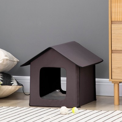 Brown Heated Outdoor Cat House with Insulated Shelter