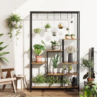 71" Tall 5-Tier Plant Stand with Hanging Hooks, Large Metal & Wood Indoor Plant Shelf for Living Room, Balcony, Garden
