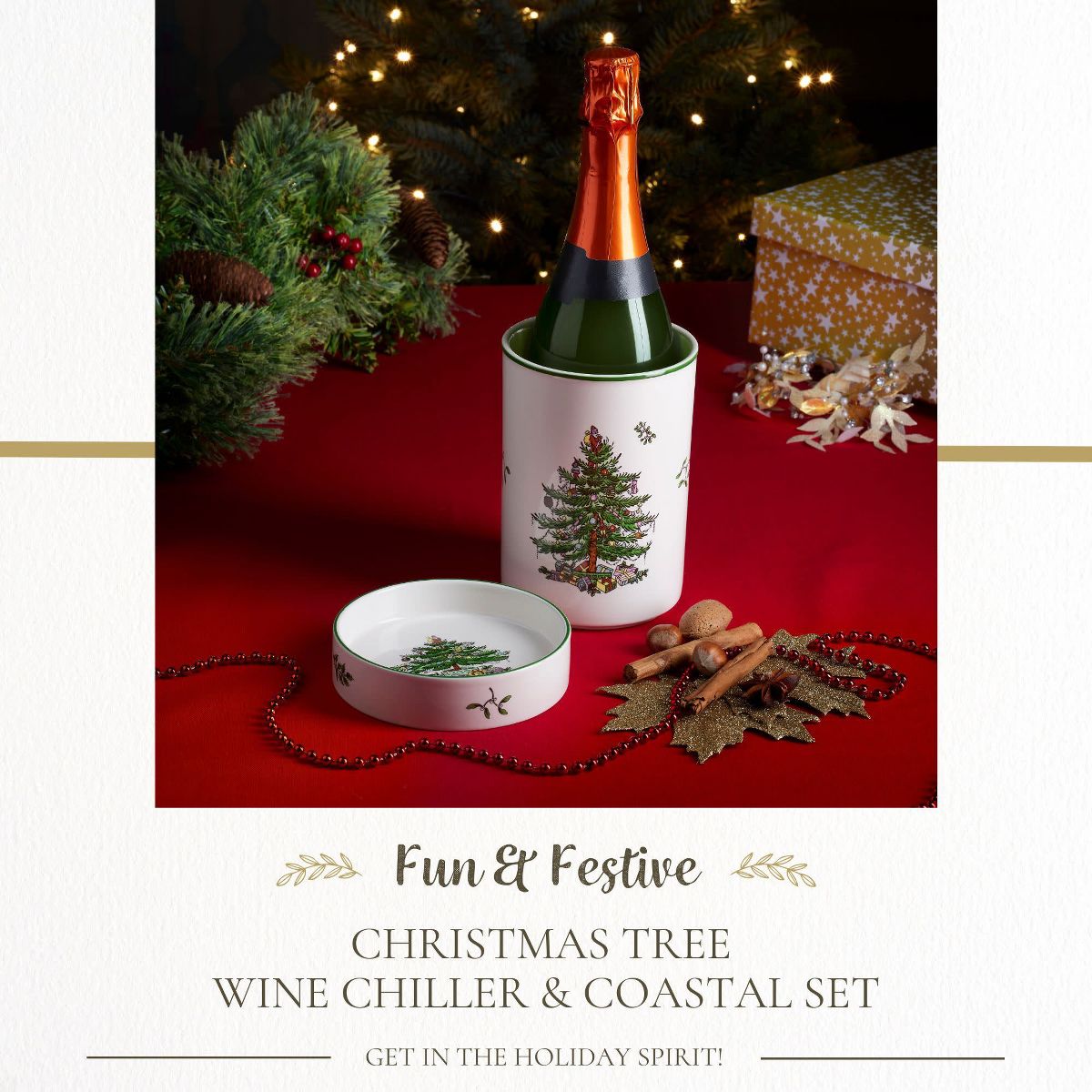 Spode Christmas Tree Wines Chiller & Coaster Set - Stoneware Winery Cooler - Festive Holiday Design - thumbnail 2