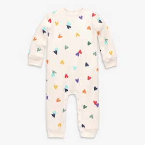 Primary Baby Cozy Fleece Sweatshirt Romper In Rainbow Confetti Hearts In Oat Size 6-12 Months - 1 of 2