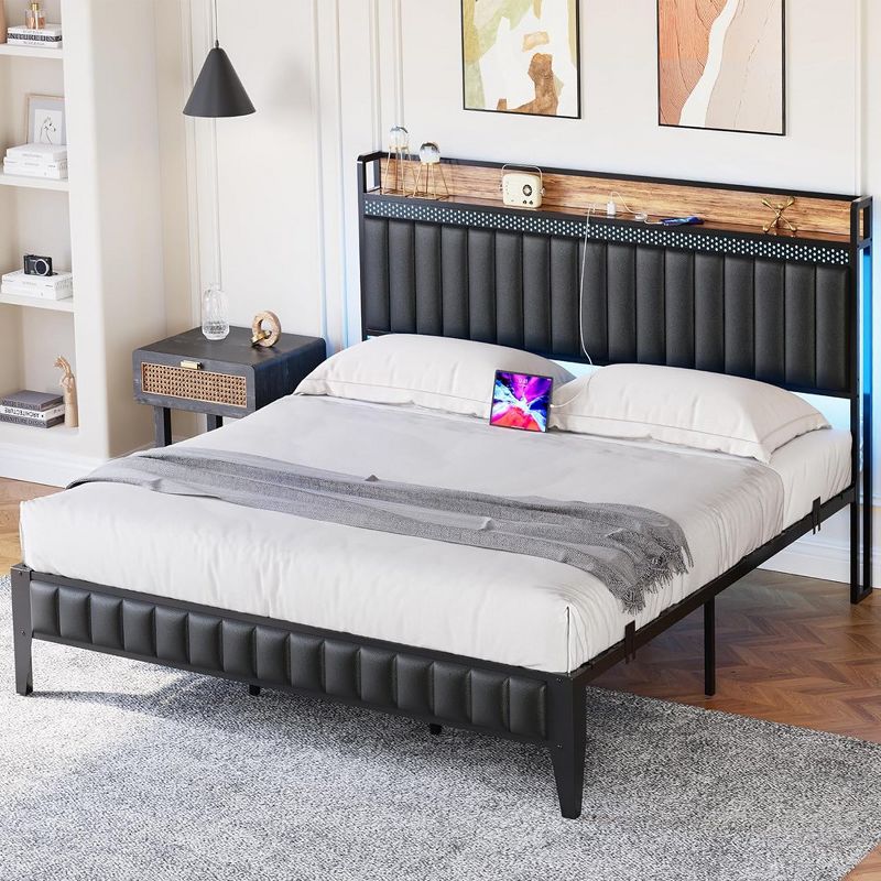 Upholstered Bed Frame with Charging Station and LED Lights, 2 of 10