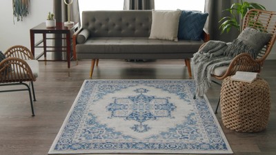 Navy Blue Floral Medallion 8' x 10' Synthetic Area Rug