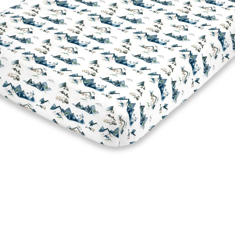 NoJo Super Soft Blue, Green, Tan and White Mountain Watercolor Fitted Mini Crib Sheet, 1 of 4