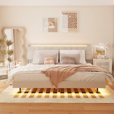 Floating Platform Bed with Velvet Upholstered Headboard, Metal Bed with LED Lights and USB Ports, Bed with Hidden Storage-Baofuwish
