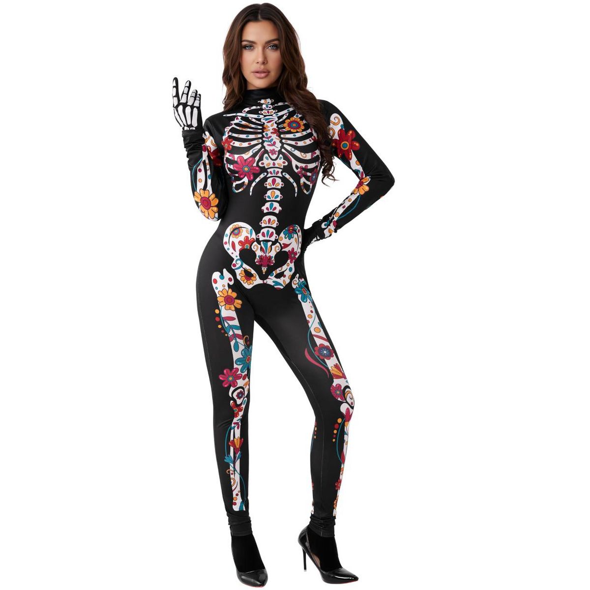 Joyfy Women Halloween Floral Skeleton Jumpsuit Costume, Halloween Party Skeleton Jumpsuit for Adults Women - thumbnail 3